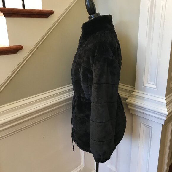 Elie Tahari Faux Fur Coat Womens Medium Black Cinch Waist Long Sleeve Jacket - Picture 12 of 15
